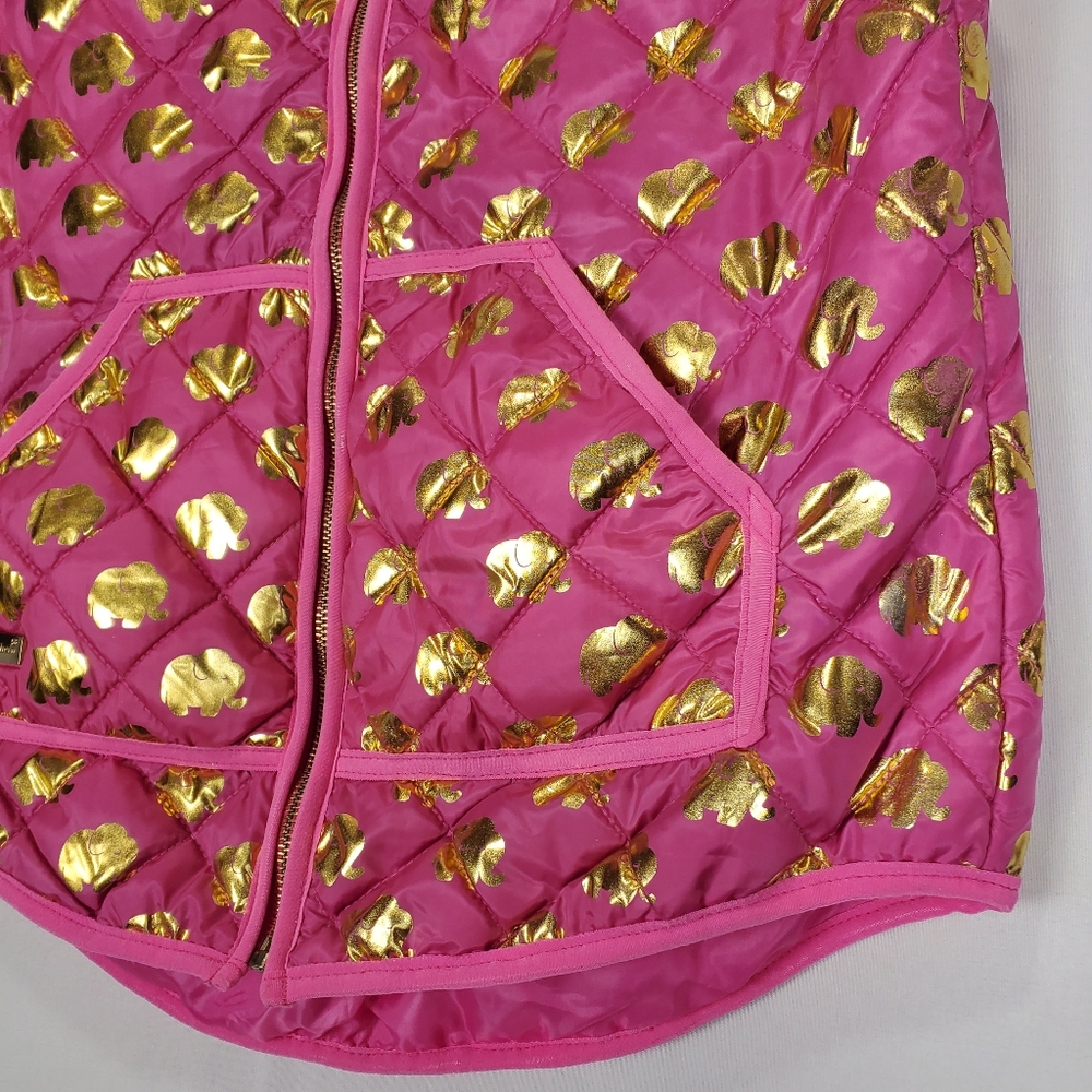 Simply Southern Pink Puffer Vest with Gold Elephant Pattern Size Medium - Picture 3 of 16